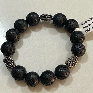 Black Lava Stone & Sterling Silver 925 accents beads Bracelet 6”